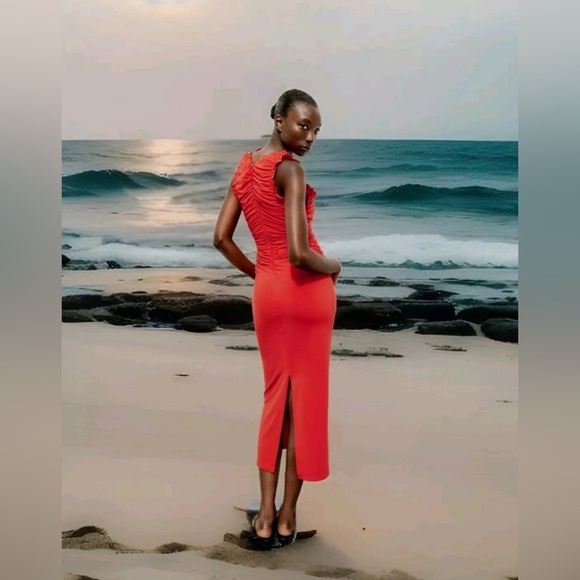 Zara Vibrant Red Ruffle Ruched V-neck Midi Fitted Women's Dress Size Small - Picture 2 of 7